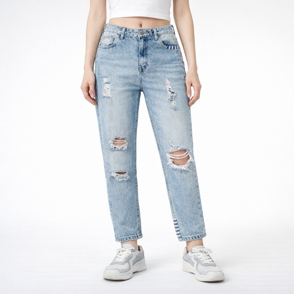 High Waisted Light Wash Distressed Mom Jeans Ripped Denim Pants with Stripes